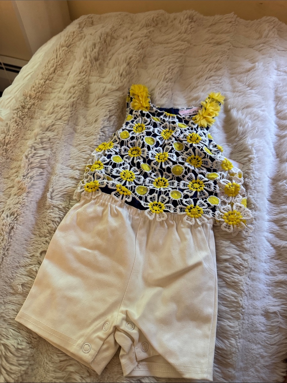 Little Lass Navy, White & Yellow Floral Crochet One-Piece